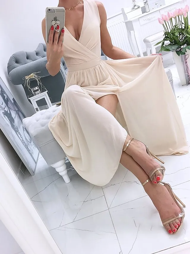 Women's Party Dress Holiday Dress Swing Dress Long Dress Maxi Dress Leather Pink White Light Green Sleeveless Pure Color Split Spring Summer V Neck Vacation Party Wedding Guest Date 2023 S M L XL 2XL