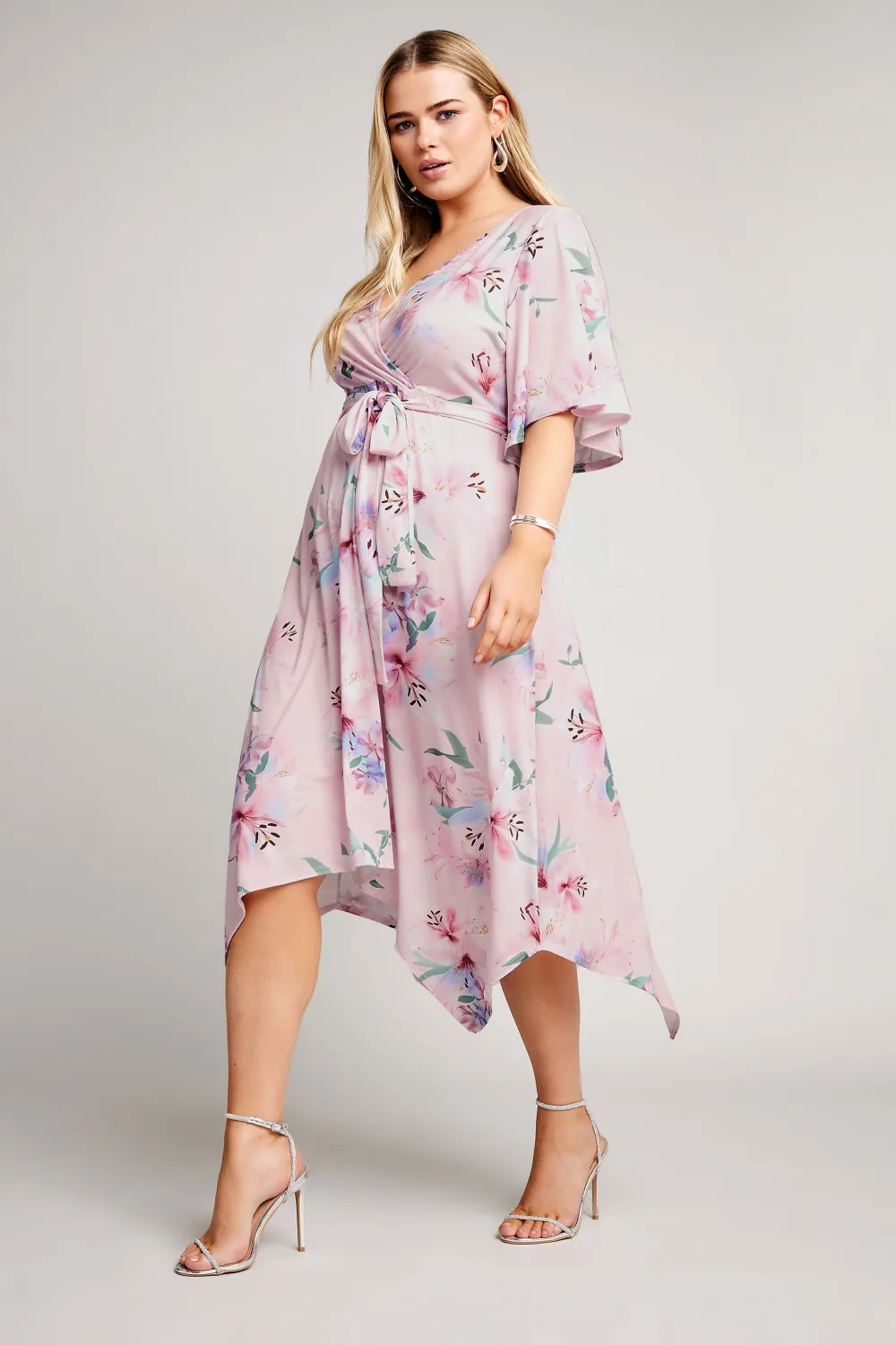 YOURS LONDON Curve Light Pink Floral Print Hanky Hem Wrap Dress