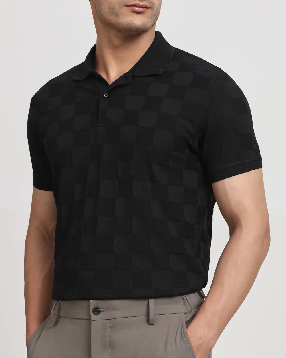 Casual Minimalist Black Plaid Texture Polo Shirt