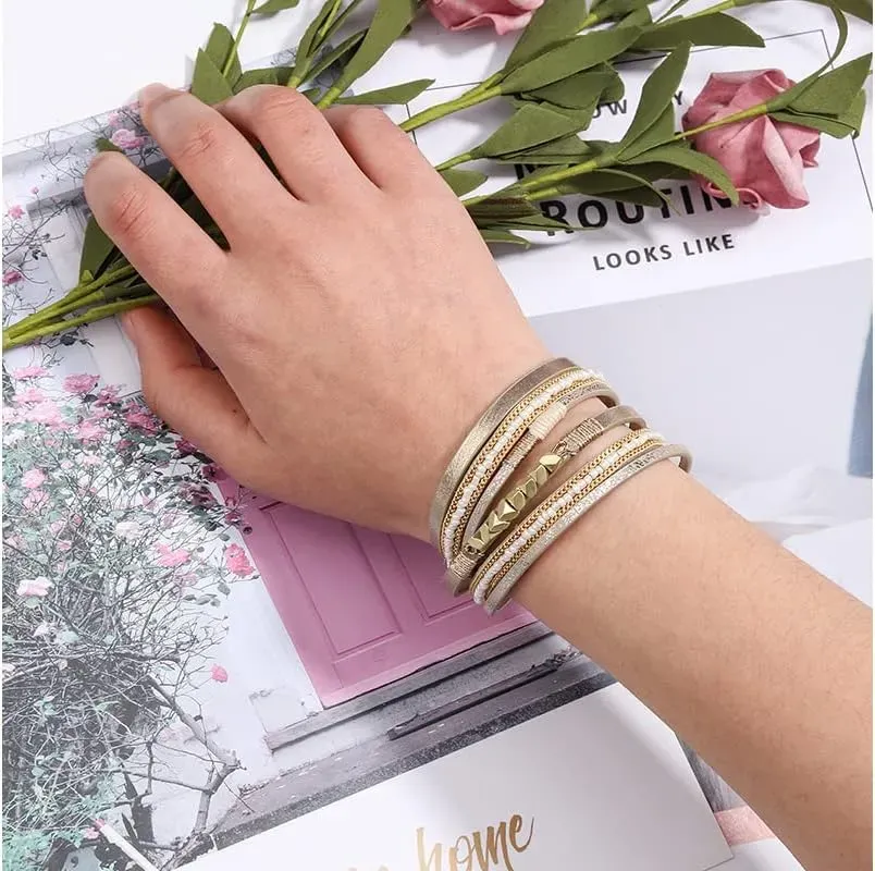 Fesciory Leather Wrap Bracelets for Women, Boho Leopard Multi-Layer Crystal Beads Cuff Bracelet Jewelry