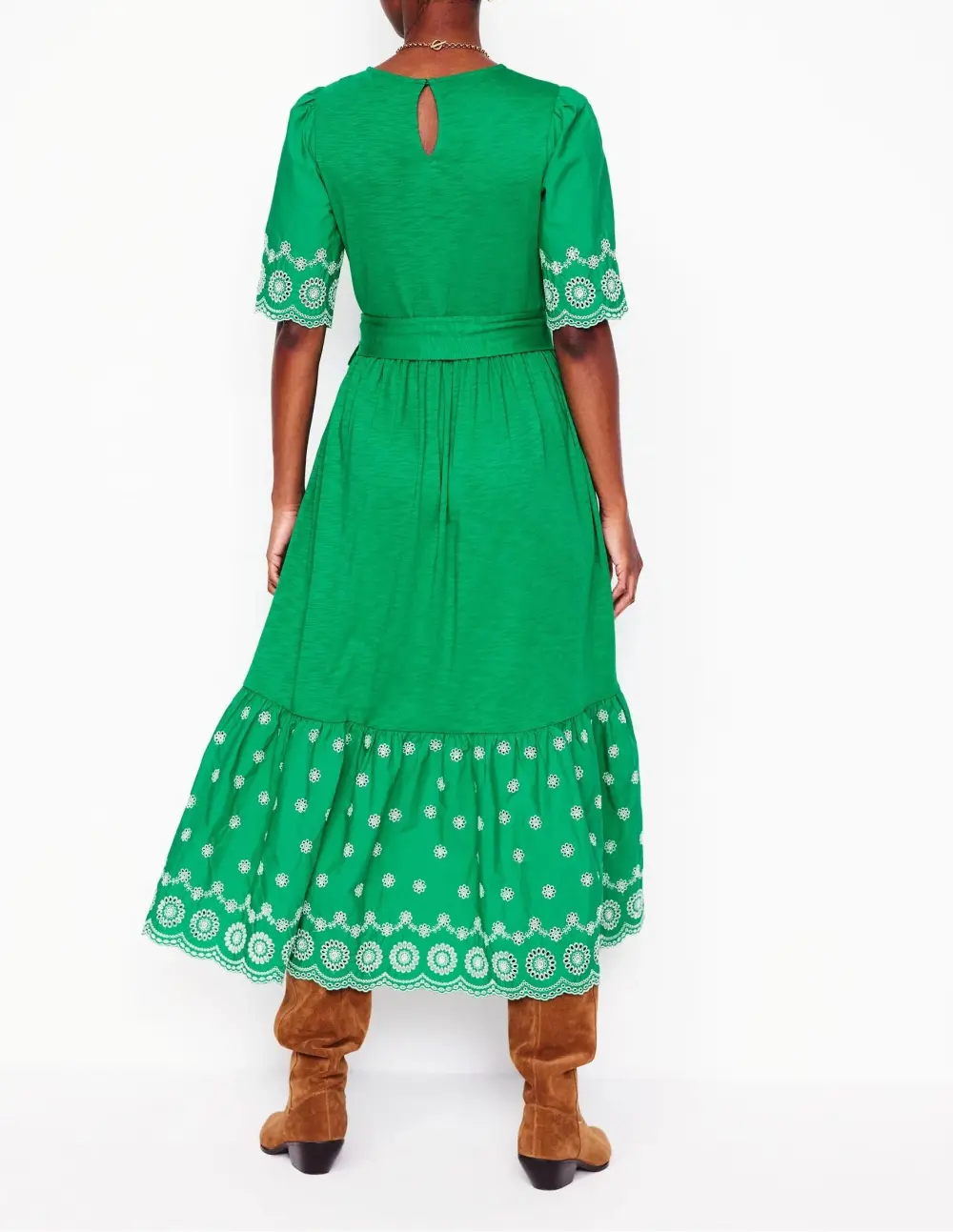 Emerald Green Embroidered - Hem Midi Dress