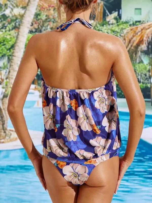 Vacation Floral Printing Scoop Neck Tankinis Two-Piece Set