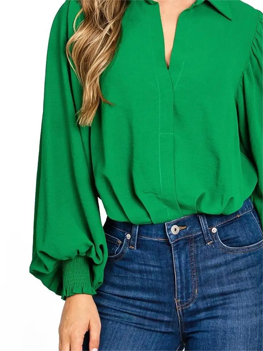 Emerald Green Puff - Sleeve Blouse