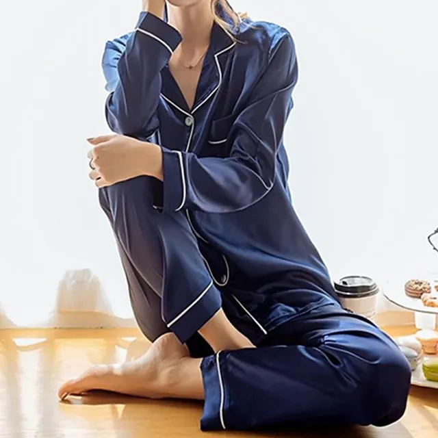 Women's Gift Pajamas Sets Home Christmas Party Daily Basic Pure Color Satin Simple Casual Soft Shirt Pant Fall Spring Summer Shirt Collar Long Sleeve Long Pant Buckle Pocket