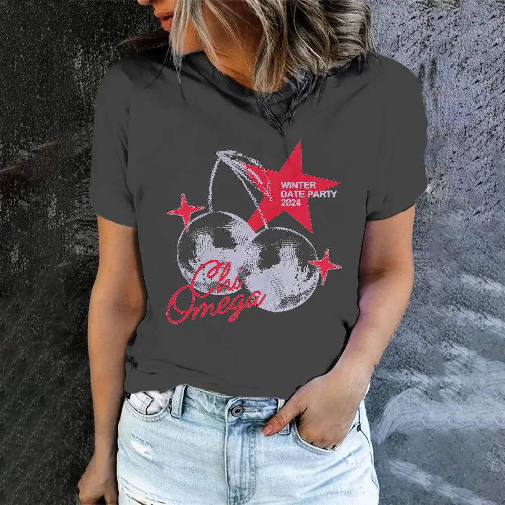 Retro Vintage Disco Ball Cherries Halftone Sparkles Star Script Winter Date Party Crew Neck T-shirt 02