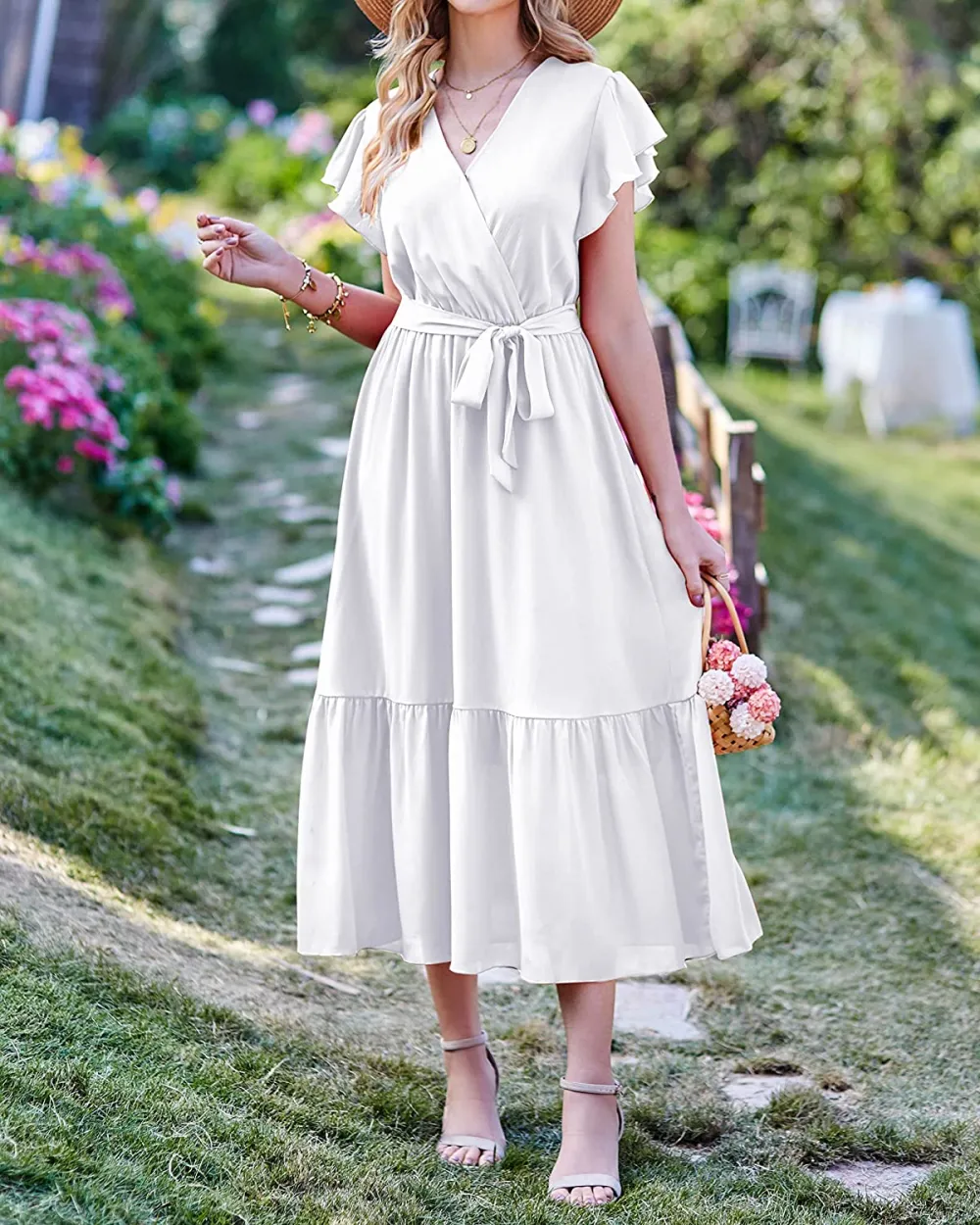 Women Summer Bohemian Floral Casual Wrap V Neck Ruffle Cap Sleeveless Belt A-Line Pleated Hem Swing Midi Sun Dress