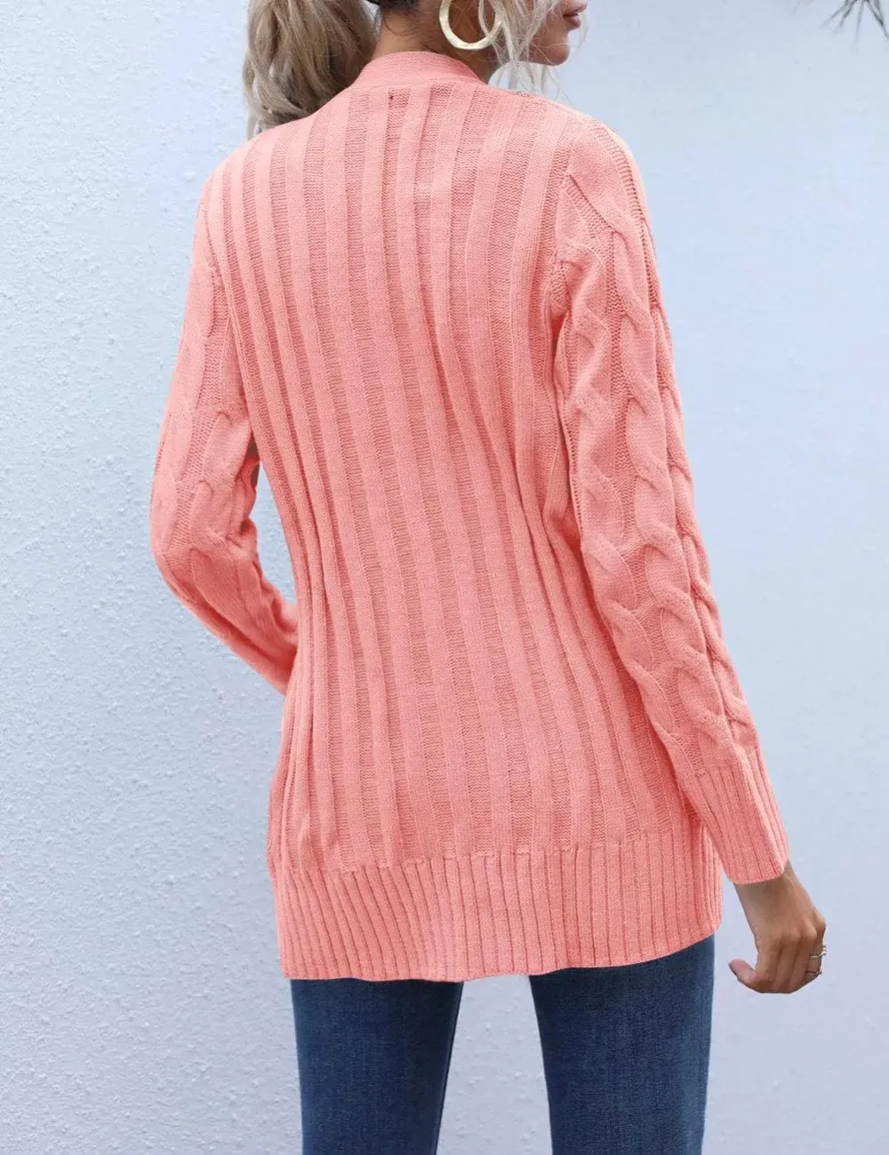 MEROKEETY Women's 2024 Fall Long Sleeve Cable Knit Sweater Open Front Cardigan Button Loose Outerwear