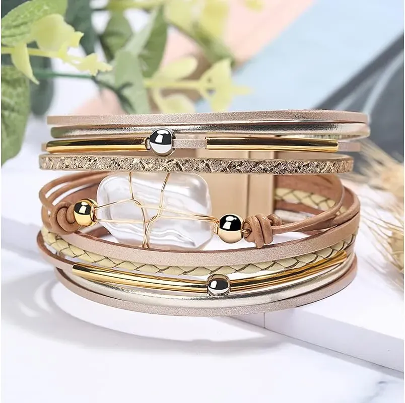 Fesciory Leather Wrap Bracelets for Women, Boho Leopard Multi-Layer Crystal Beads Cuff Bracelet Jewelry