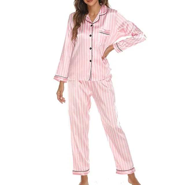 Women's Pajamas Sets Pjs 2 Pieces Leopard Stripe Fashion Simple Comfort Home Daily Vacation Satin Breathable Gift Lapel Long Sleeve Pant Button Elastic Waist Fall Spring Light Pink Black