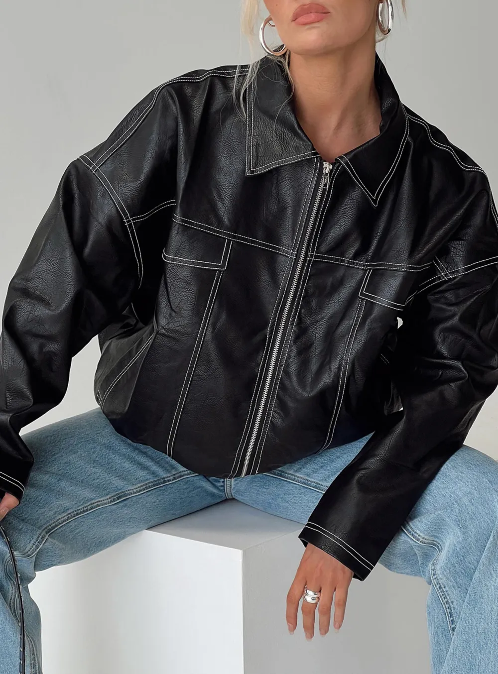 Contrast Stitch Pu Biker Jacket