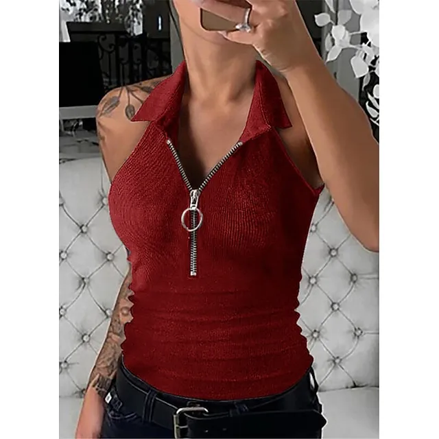 Women‘s spring  summer solid color pit strip lapel zipper vest women‘s fashion casual t-shirt
