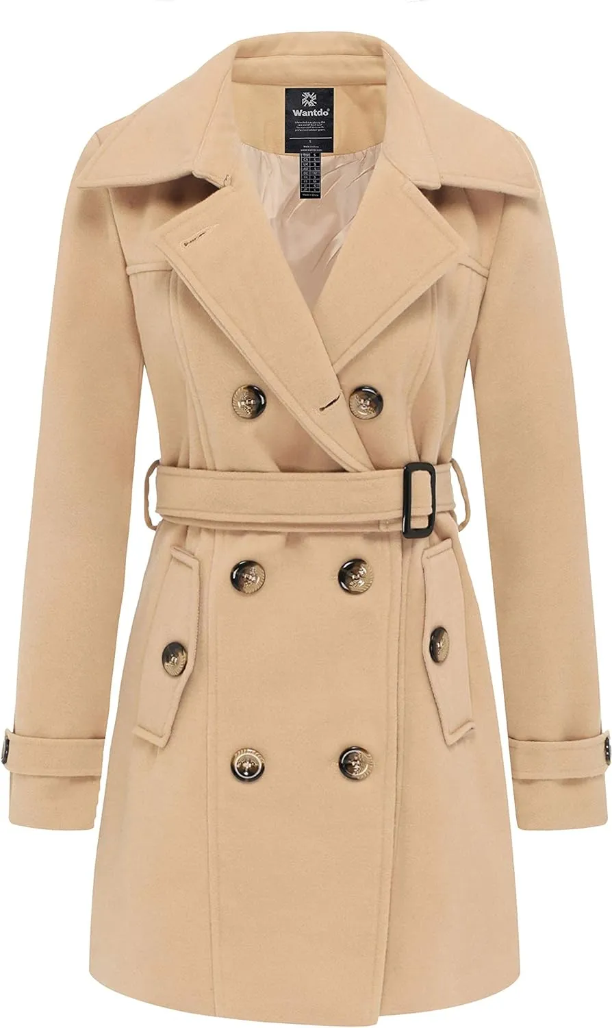 Women's Double Breasted Pea Coat Winter Mid-Long Trench Coat with Belt