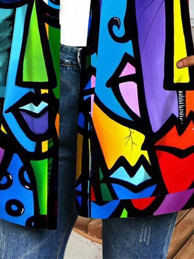 Women's Jacket Casual Jacket Regular Lips Print Coat Blue Purple Casual Daily Autumn / Fall Open Front Round Neck Regular Fit S M L XL XXL 3XL / Windproof / Color Block / Portrait