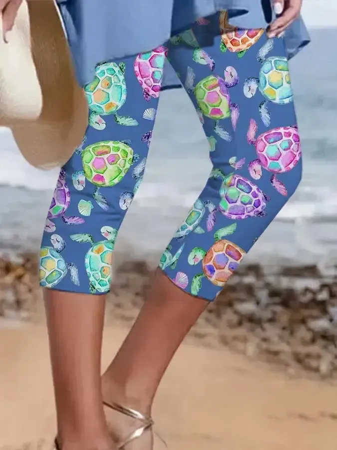 Vacation Watercolor Sea Turtle Print Leggings
