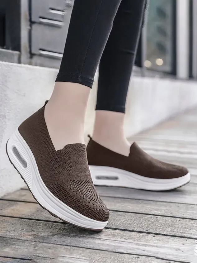 Solid Color Shock Absorbing Air Cushion Fly Knit Sneakers