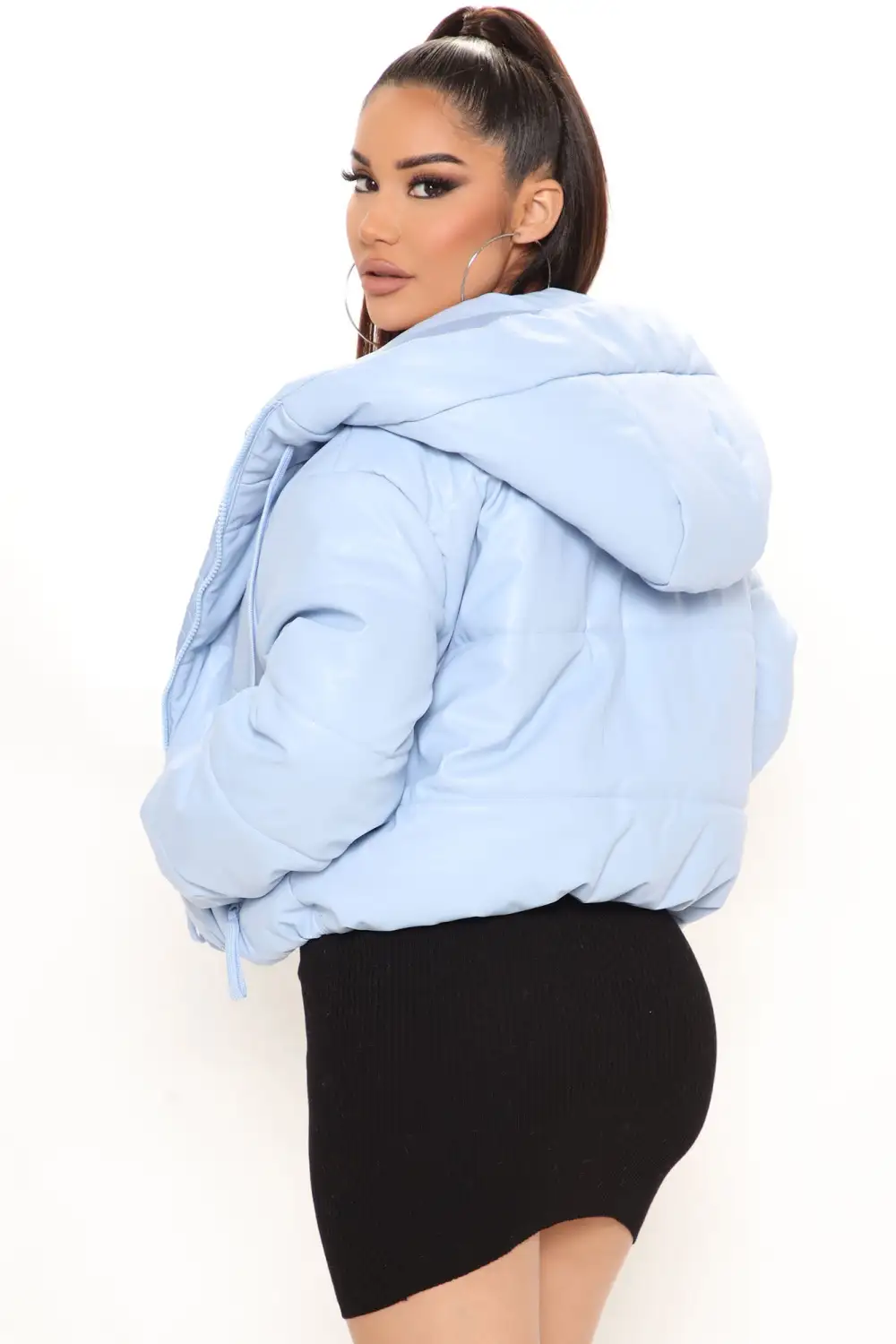 Fashion Finds Faux Leather Puffer Jacket - Light Blue