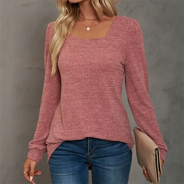 Women's T shirt Tee Cotton Light Blue Pink Apricot Plain Long Sleeve Casual Daily Holiday Basic U Neck Regular Fit Fall & Winter