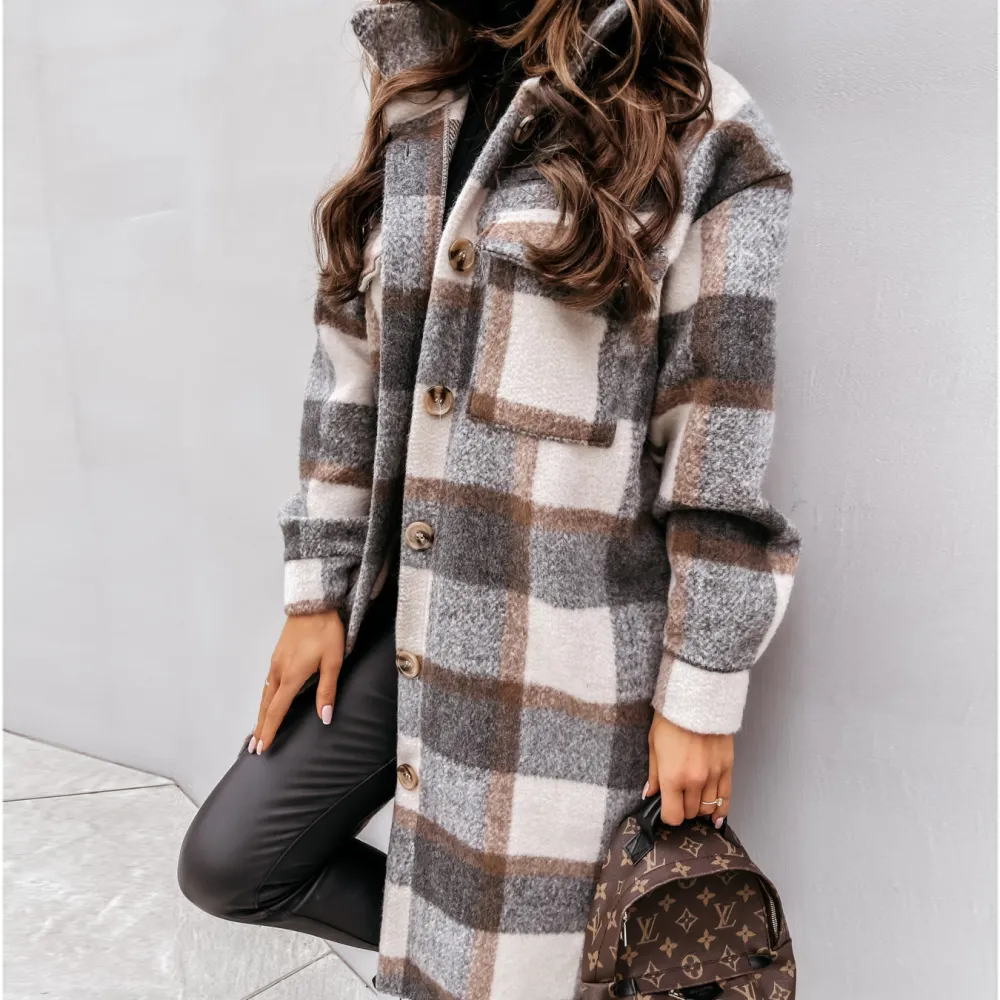 Long-sleeve Plaid Brushed Mid-length Shirt Coat