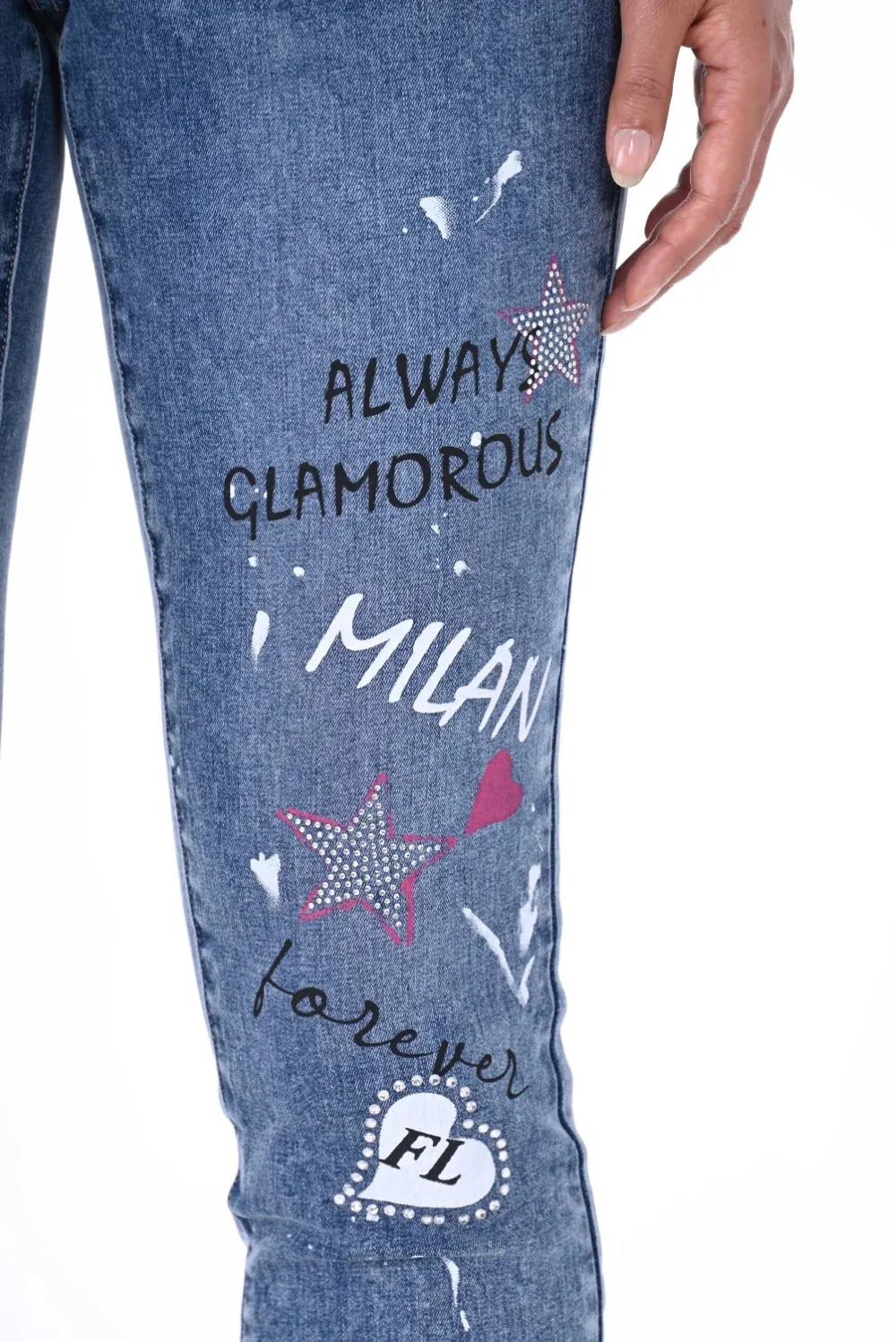 Embroidered Love Motif Blue Denim Jeans