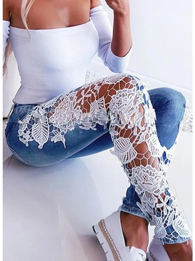 Women's Jeans Pants Lace Splicing Trousers Denim Light Blue Casual Street Daily Wear Full Length Breathability Patchwork S M L XL 2XL