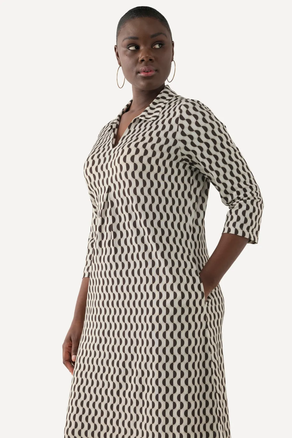 Midikleid Slinky-Piqué A-Linie Hemdkragen 3/4-Arm