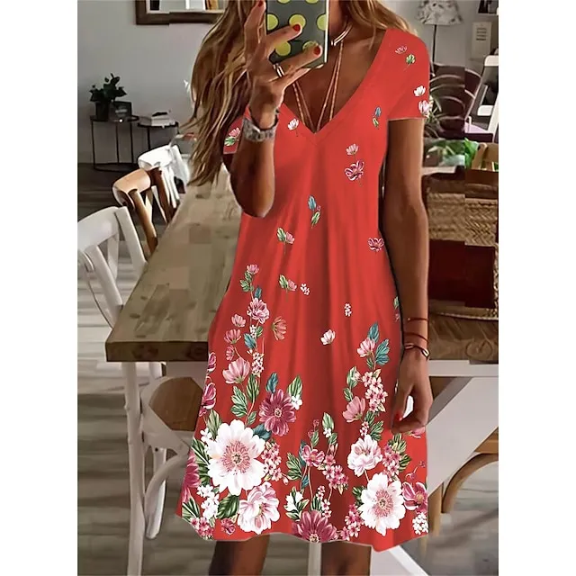 Women's Casual Dress Shift Dress Floral Dress Mini Dress Light Blue White Light Green Short Sleeve Floral Print Summer Spring V Neck Basic 2023 S M L XL 2XL 3XL 4XL