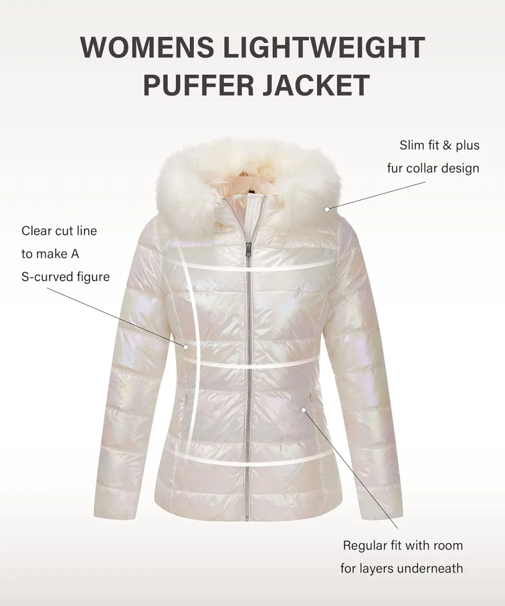 Womens Lightweight Puffer Jacket, Winter Coats for Women Warm Quilted Bubble Padded Hood Coat with Faux Fur Collar