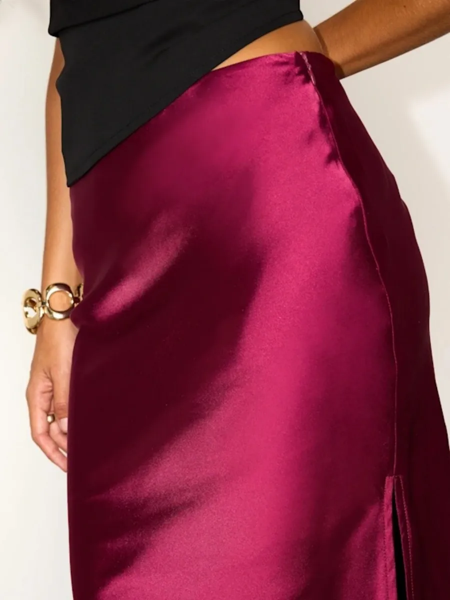 Satin Ruched Side Slit Skirt