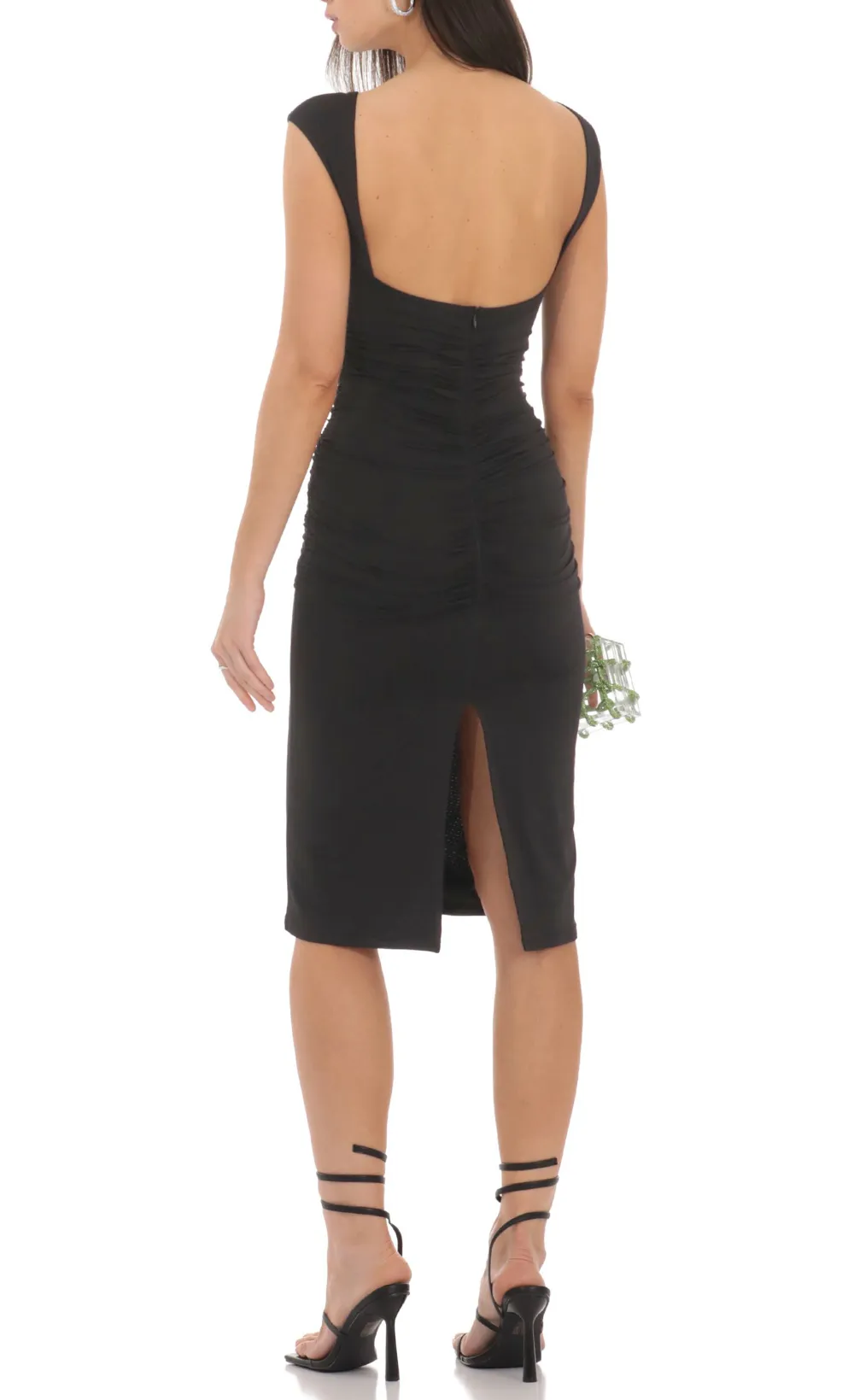 Open Back Ruched Midi Dress in Black
