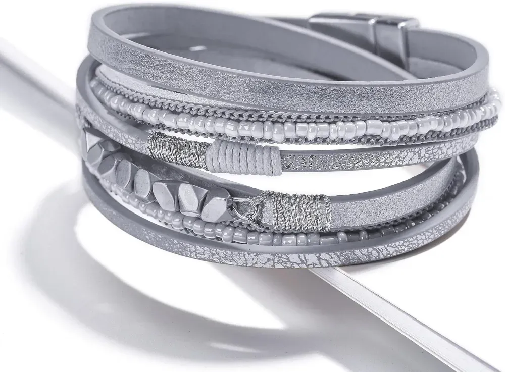 Fesciory Leather Wrap Bracelets for Women, Boho Leopard Multi-Layer Crystal Beads Cuff Bracelet Jewelry