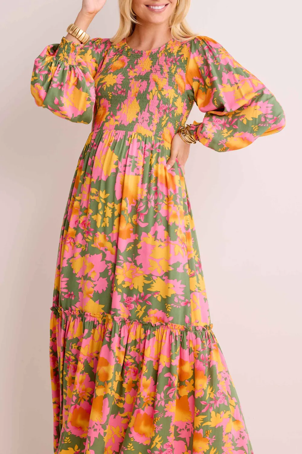 Multicolored Floral Print Tiered Maxi Dress