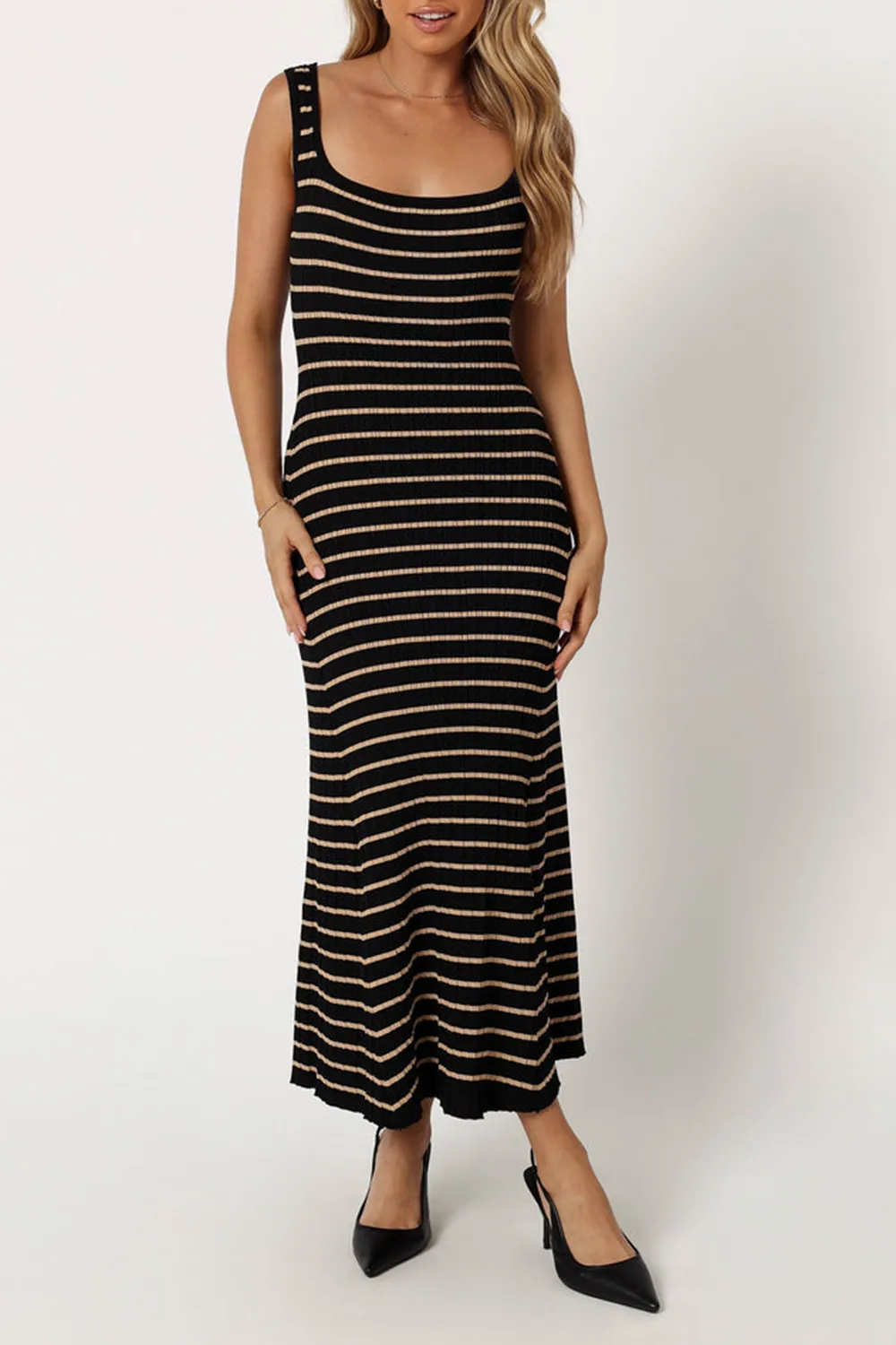 BLACK BEIGE STRIPED MIDI DRESS