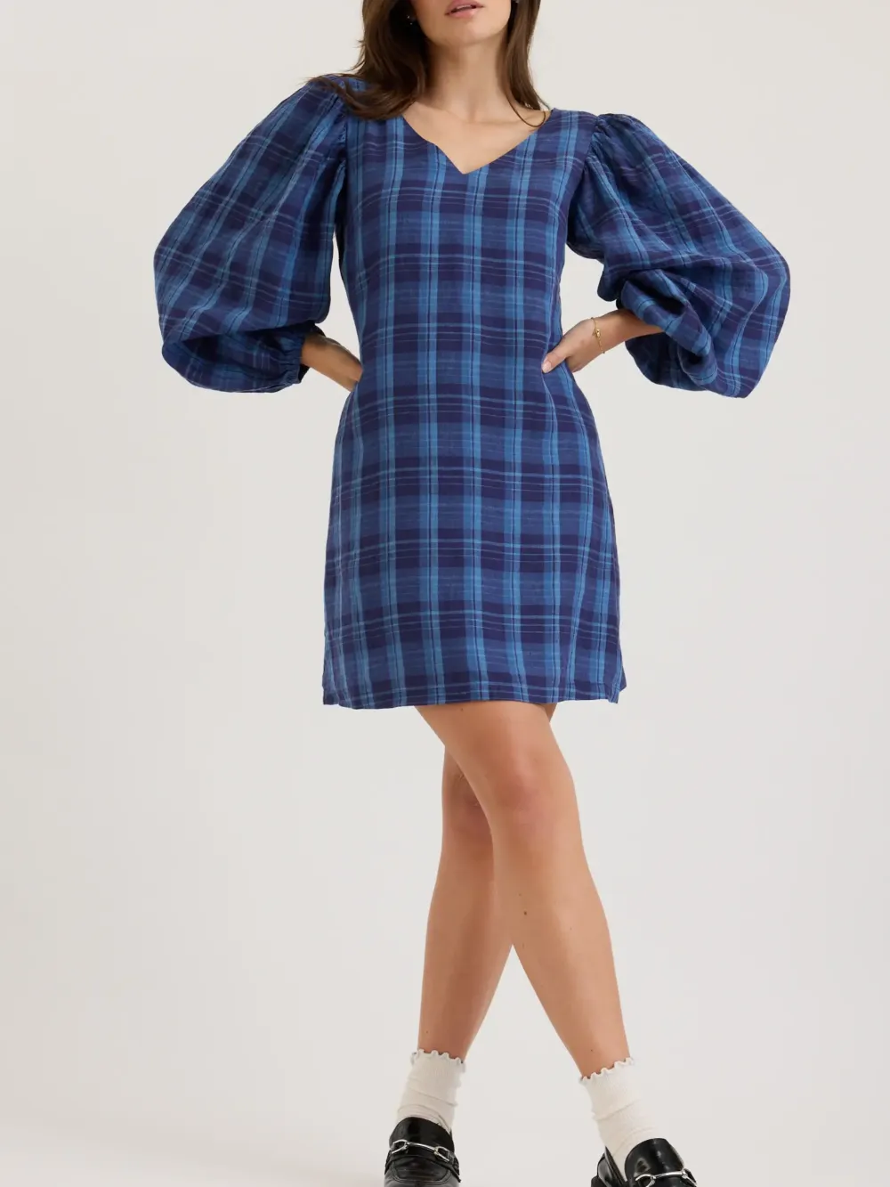 Indigo Check Linen Check Dress
