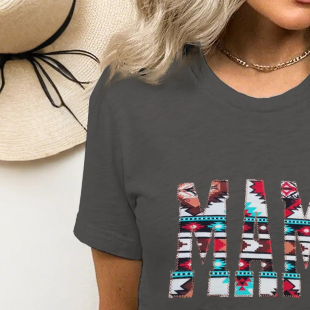 Women'S T-Shirt Cotton Alphabet Print Aztec Print T-Shirt Round Neck MAMA Short Sleeve