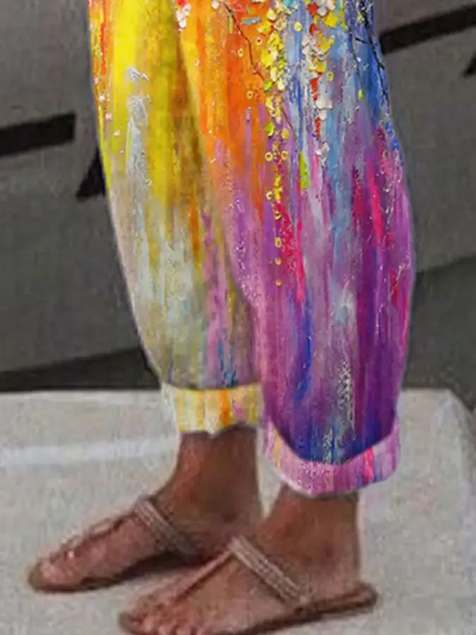 Vintage Flower Oil Painting Gradient Print Trousers