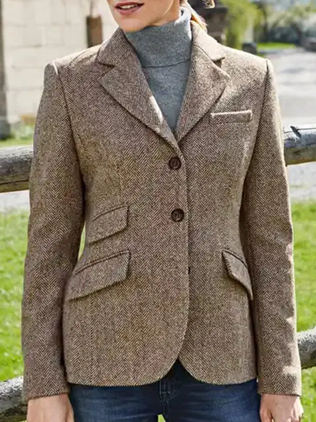 Plain Long Sleeve Buttoned Lapel Collar Plus Size Casual Blazer