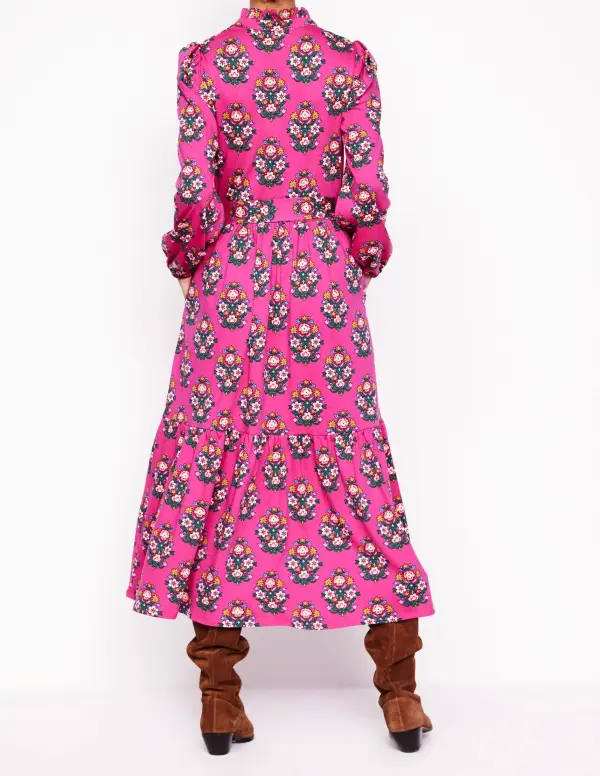 Hot Pink Floral Belted Midi Dress