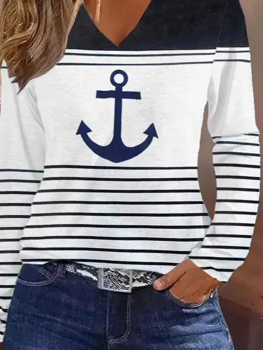 Women Striped V Neck Casual Long Sleeve T-shirt