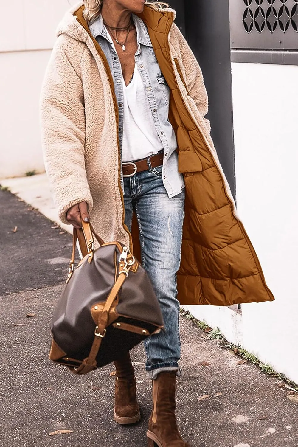 Women's 2023 Warm Winter Coats Reversible Sherpa Fleece Long Hooded Puffer Jackets Outerwear