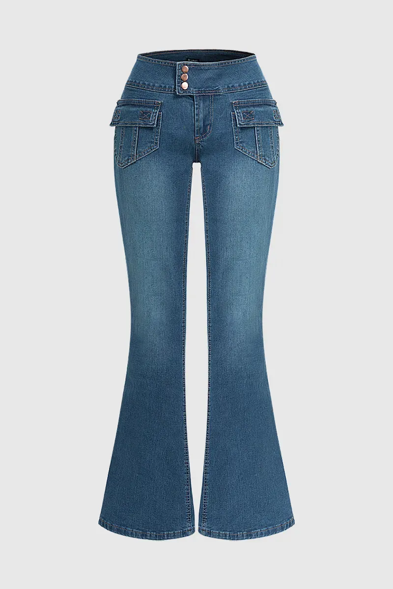 Flap Pocket Button Up Low Rise Flare Jeans