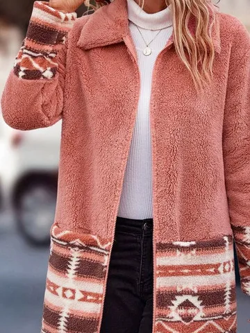 Casual Geometric Ethnic Fluff/Granular Fleece Fabric Teddy Jacket