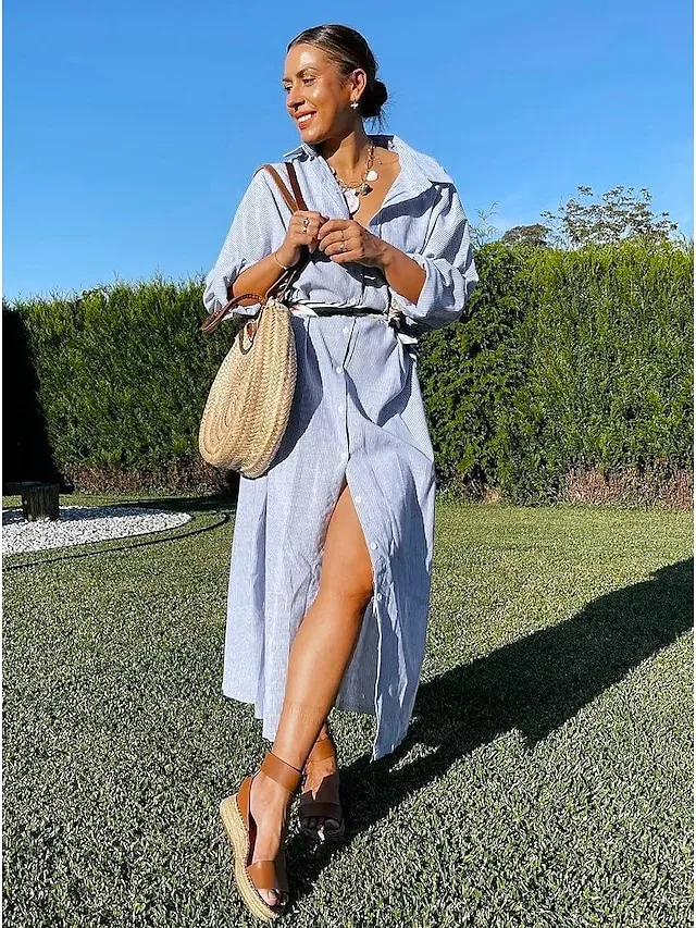 Women‘s Casual Dress Shirt Dress Cotton Dress Shift Dress Maxi long Dress Cotton Basic Casual Outdoor Winter Dress Daily Shirt Collar Button Split Long Sleeve Summer Winter Fall Spring 2023