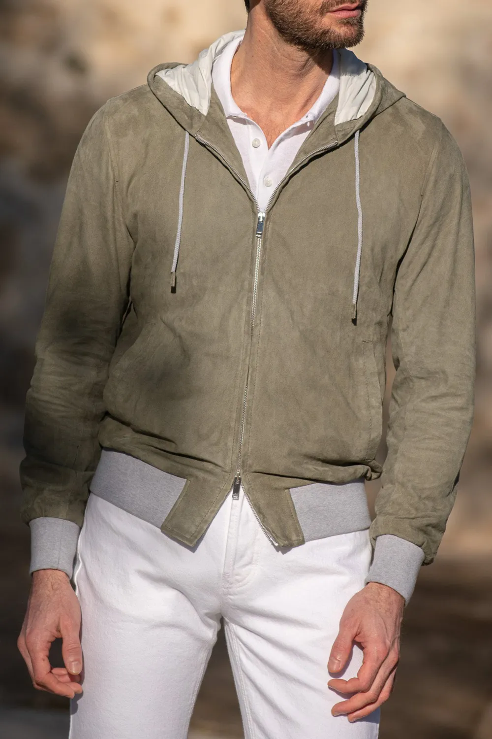 Sage Suede Hooded Bomber Jacket