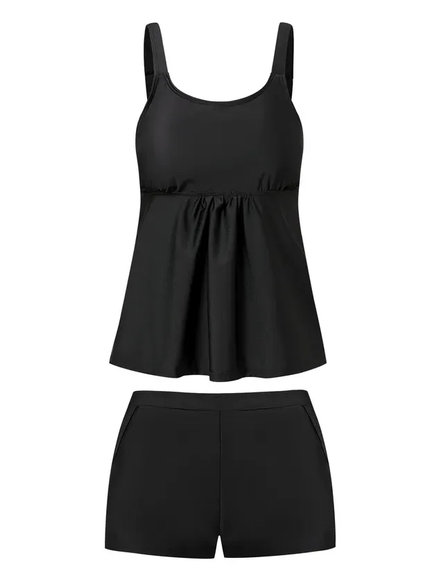 Simple Plain Scoop Neck Tankinis Two-Piece Set