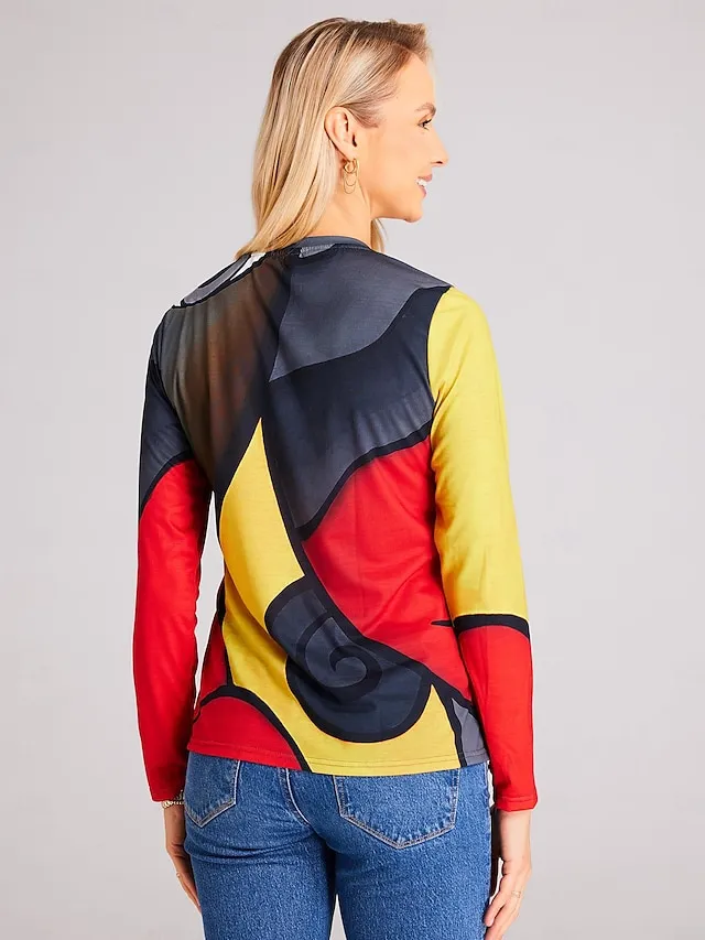 Women's Plus Size T shirt Tee Graphic Geometric Casual Holiday Red Blue Gray Print Long Sleeve Vintage Ethnic Round Neck Fall & Winter