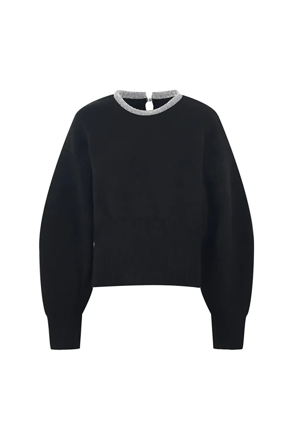 Sparkly Crystal Collar Keyhole Wool Blend Fitted Waist Ribbed Knit Sweater