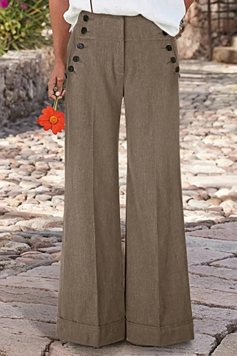 Solid Button Decor Mid Waist Wide Leg Pants