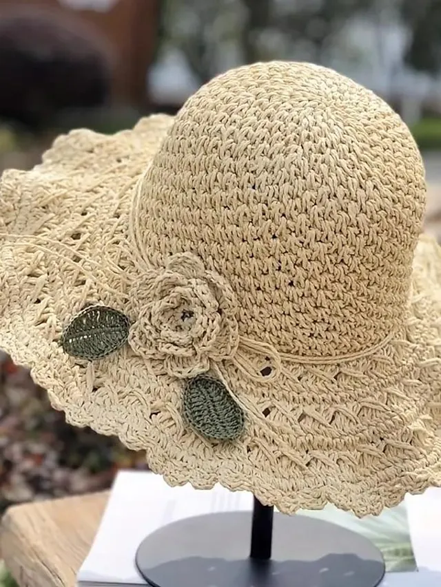 1pcs Trendy Flower Crochet Straw Hat Elegant Solid Color Ruffle Sun Hats Classic Foldable Summer Travel Beach Hats For Women Girls