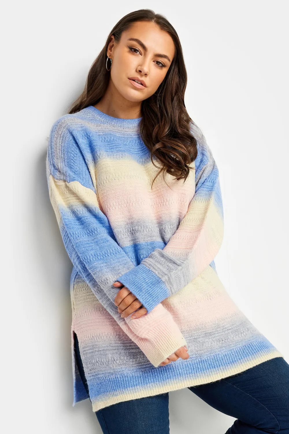 YOURS Curve Blue Stripe Side Split Knitted Jumper