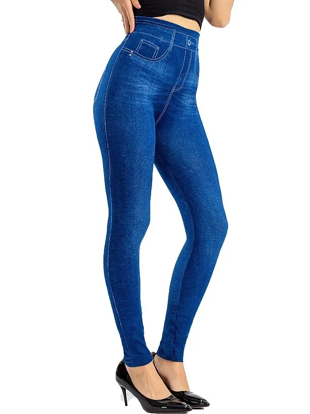 Women's Leggings Faux Denim Ankle-Length Stretchy High Waist Fashion Casual Weekend Black Blue S M